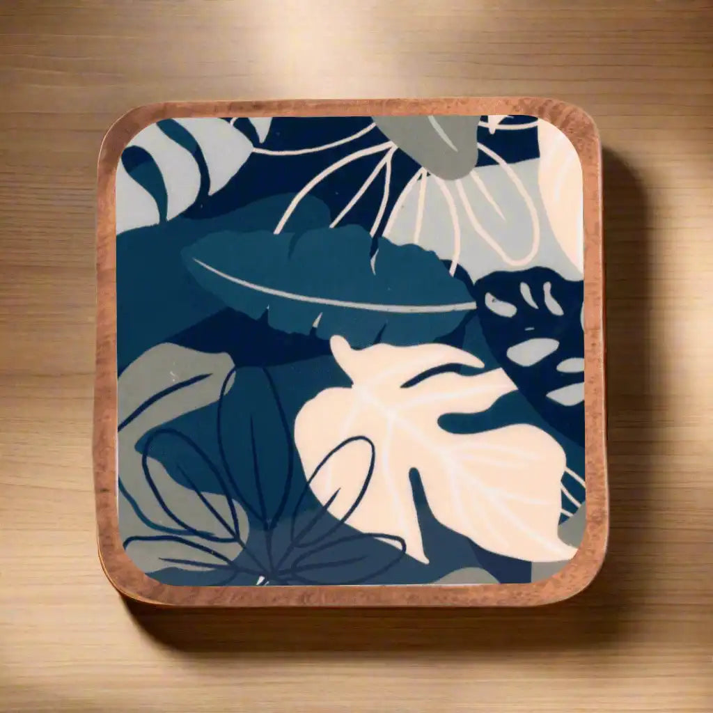 Elegant Wooden Navy Tropical Leaf Pattern Serveware