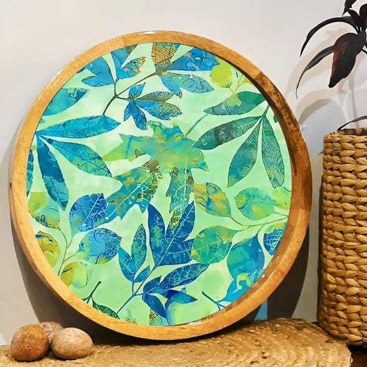 Tropical Green & Blue Leaves Print Wooden Serveware