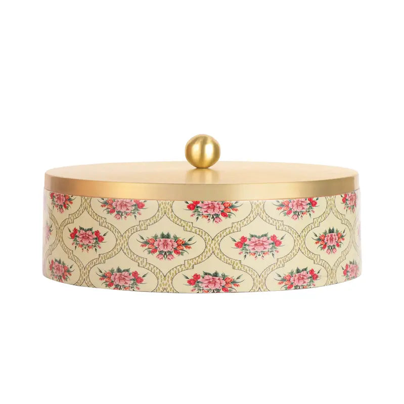 Teak Wood Roti Box with Stainless Steel Lid & Tong - Floral Design