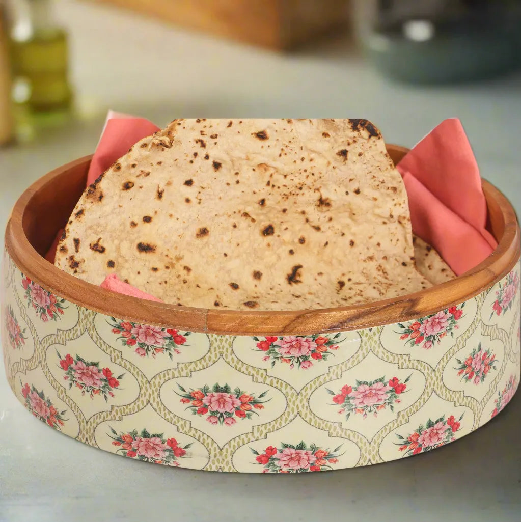 Teak Wood Roti Box with Stainless Steel Lid & Tong - Floral Design