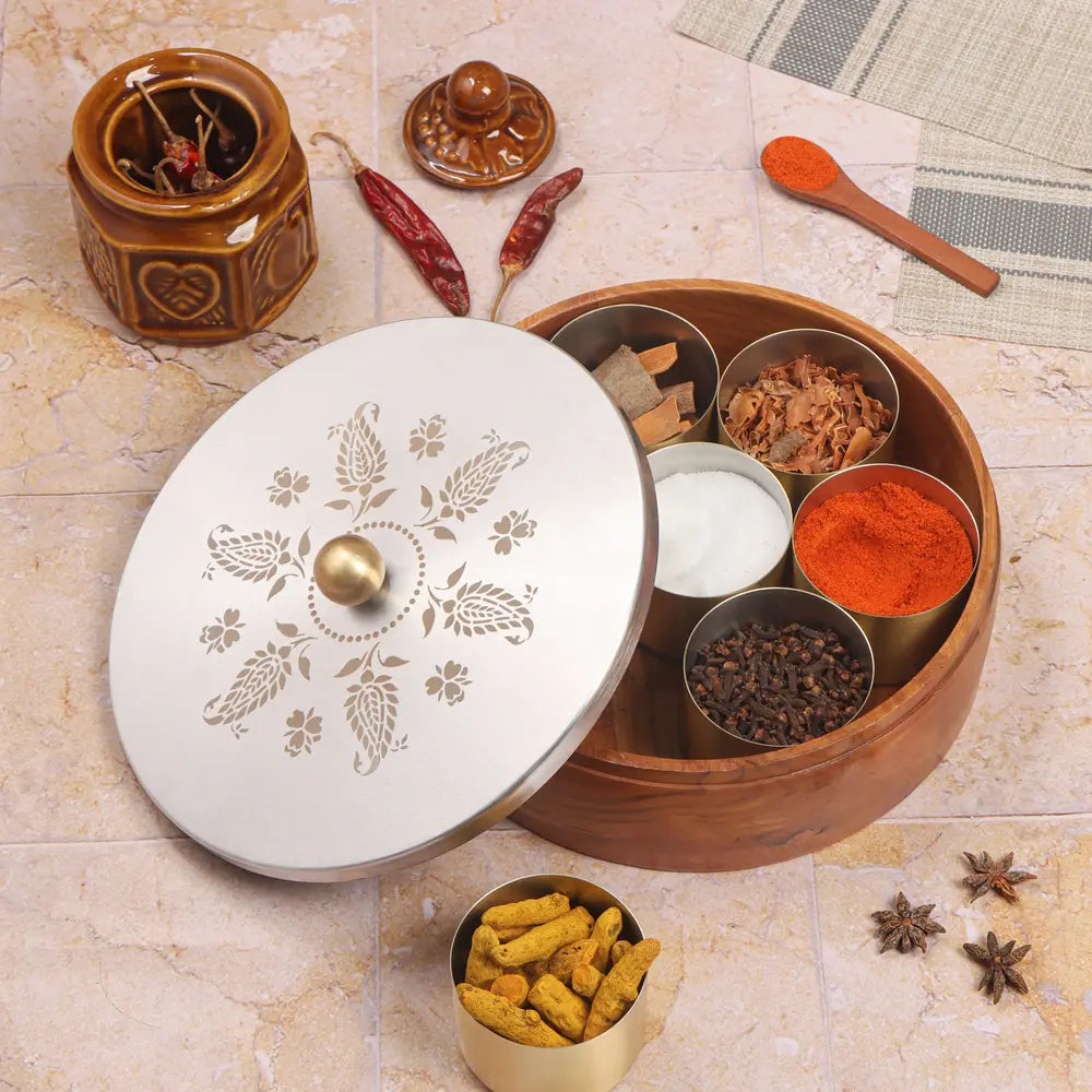 Teak Wood Masala Box with Stainless Steel Floral Design Lid & Jars