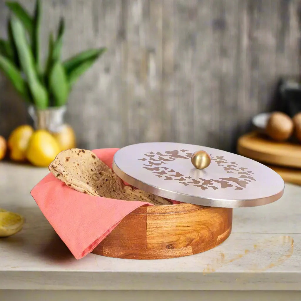 Teak Wood Roti Box with Stainless Steel Butterfly Design Lid & Tong