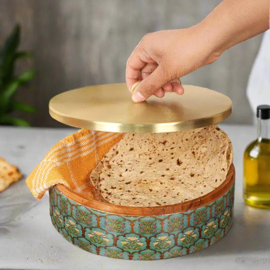 Teak Wood Roti Box with Stainless Steel Lid & Tong - Jharokha Green