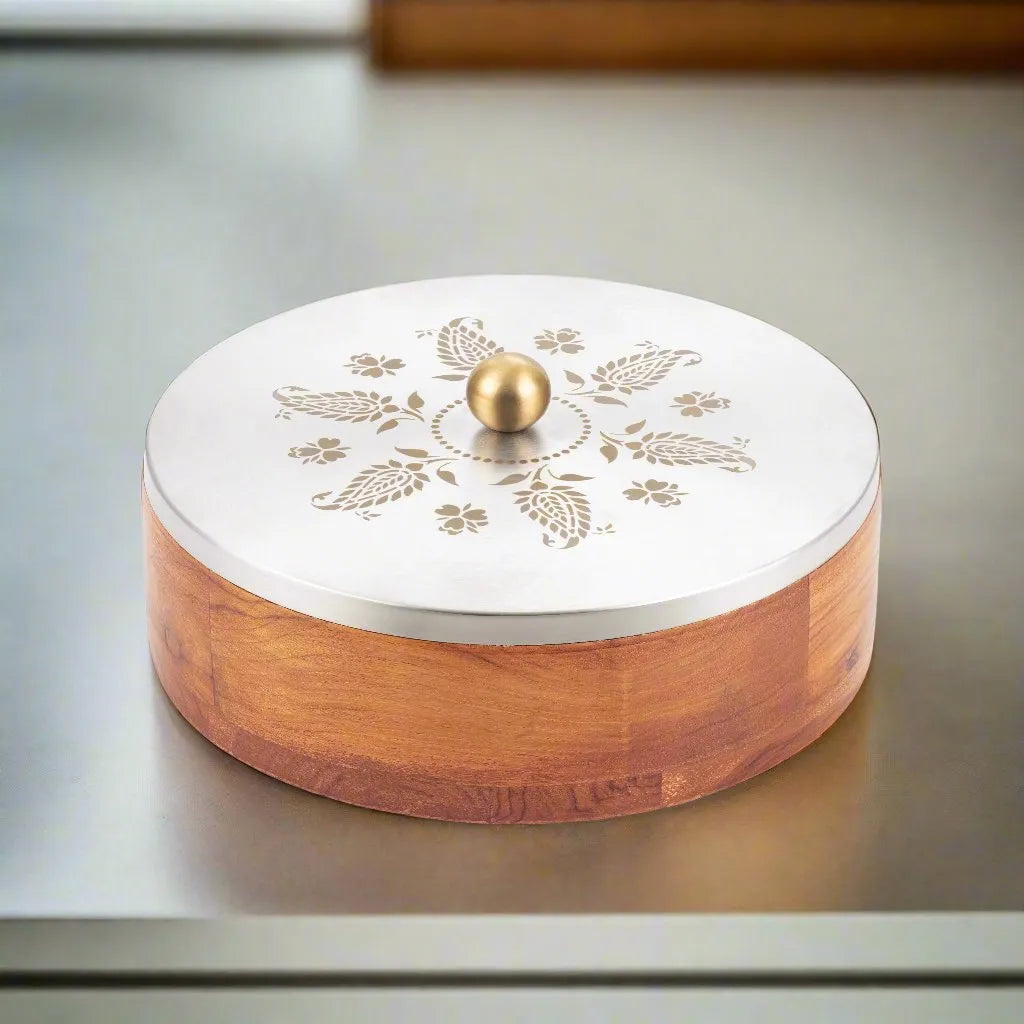 Teak Wood Roti Box with Stainless Steel Floral Design Lid & Tong