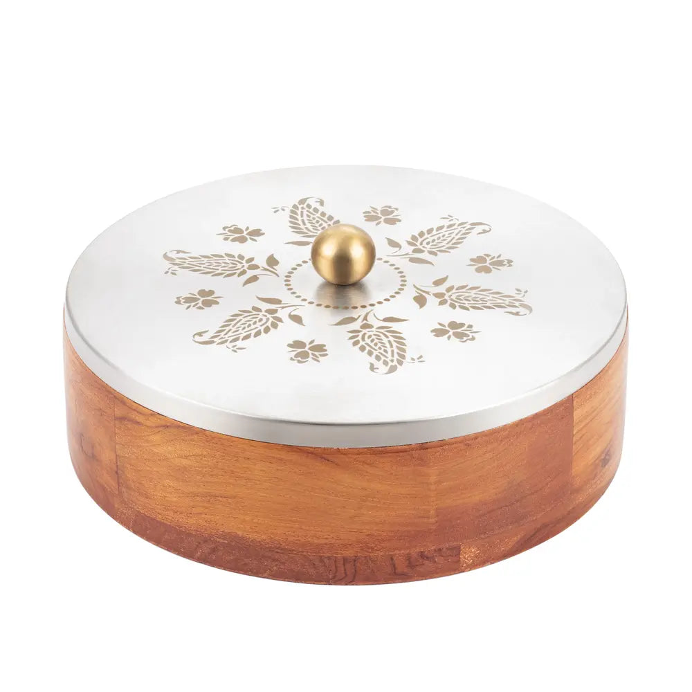 Teak Wood Masala Box with Stainless Steel Floral Design Lid & Jars