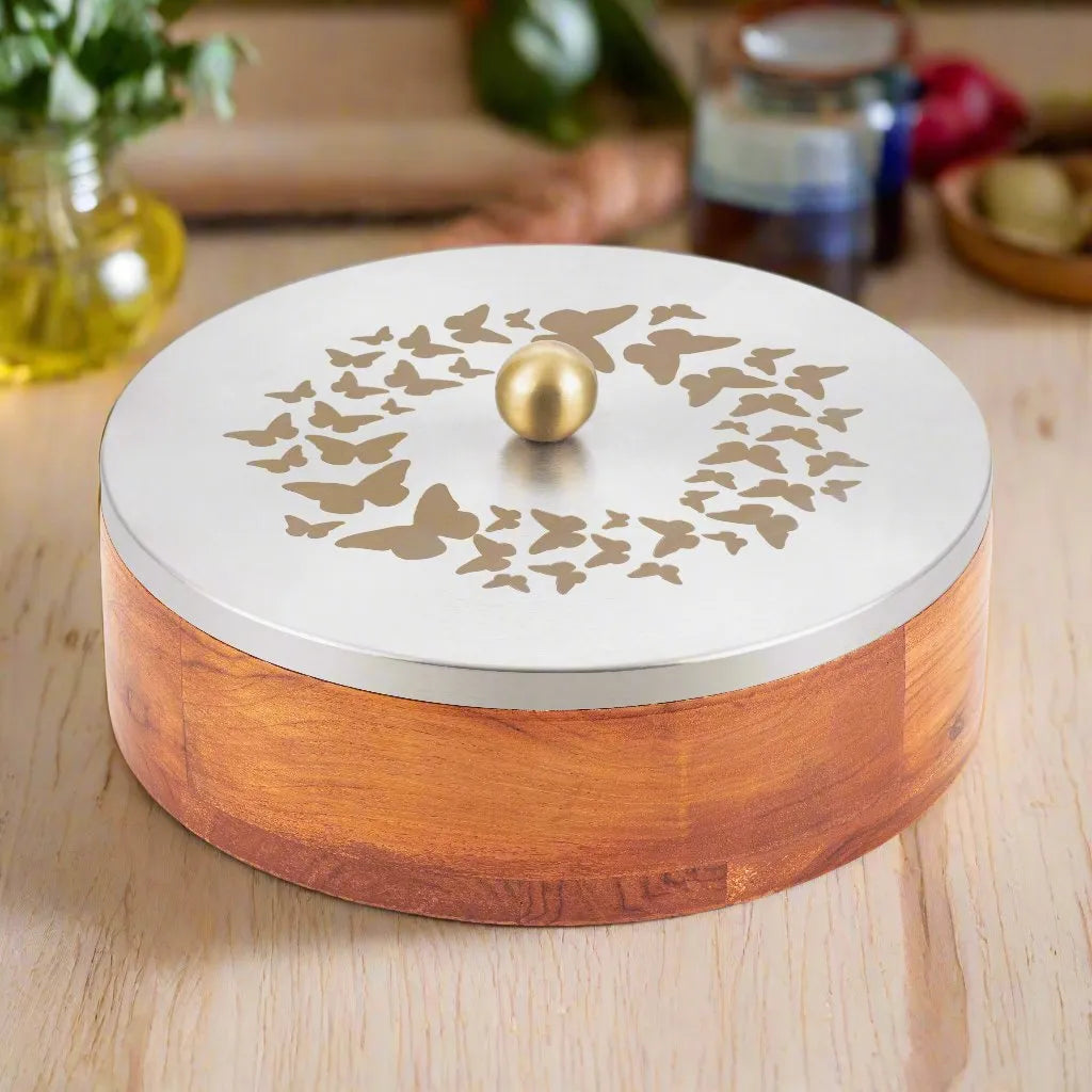 Teak Wood Roti Box with Stainless Steel Butterfly Design Lid & Tong