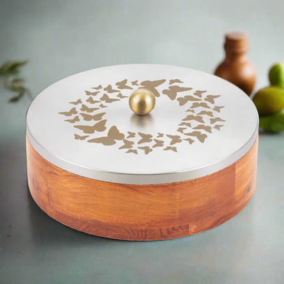 Teak Wood Masala Box with Stainless Steel Butterfly Design Lid & Jars