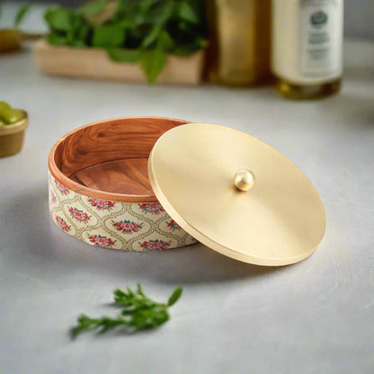 Teak Wood Roti Box with Stainless Steel Lid & Tong - Floral Design