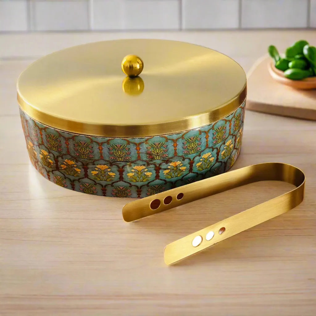 Teak Wood Roti Box with Stainless Steel Lid & Tong - Jharokha Green ...