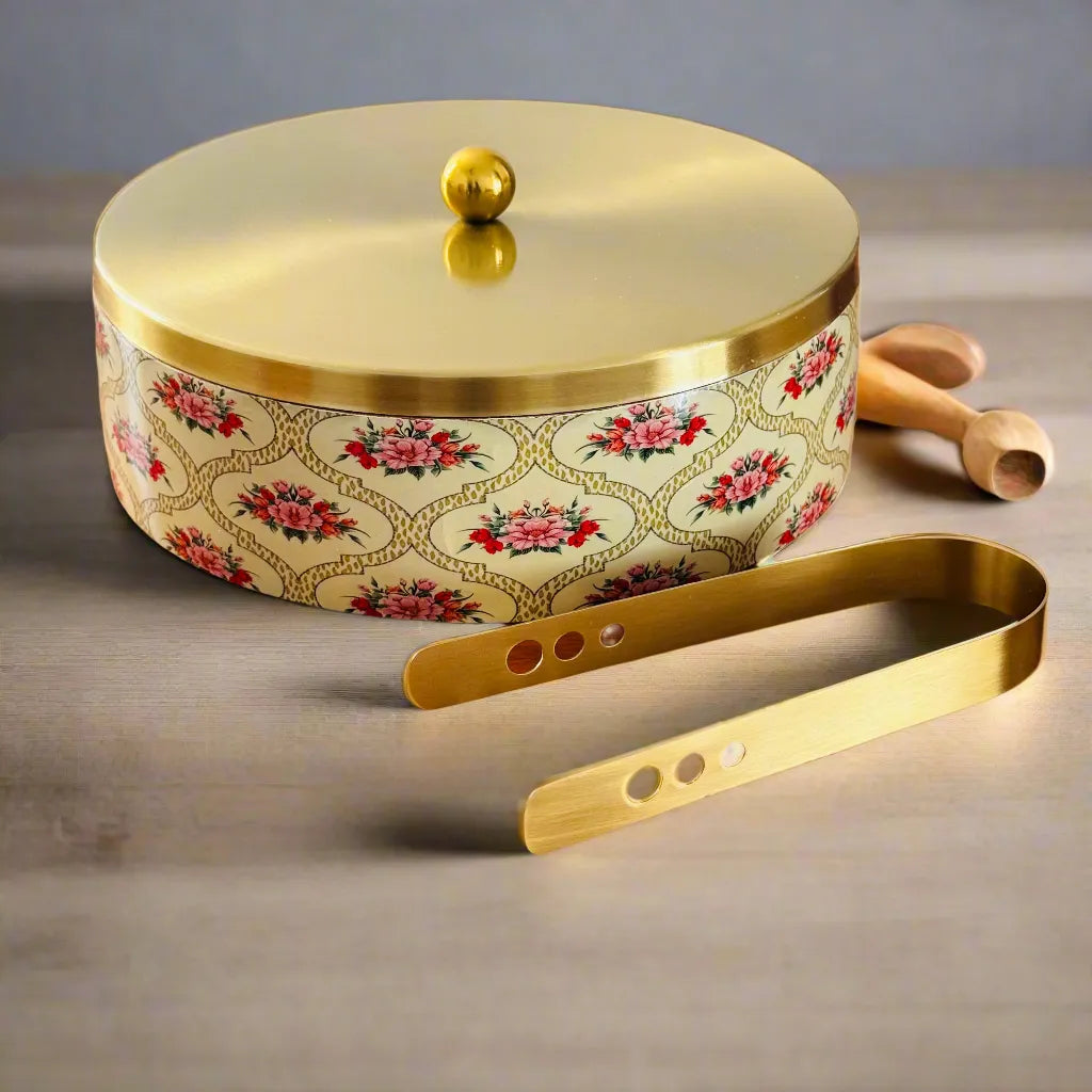 Teak Wood Roti Box with Stainless Steel Lid & Tong - Floral Design