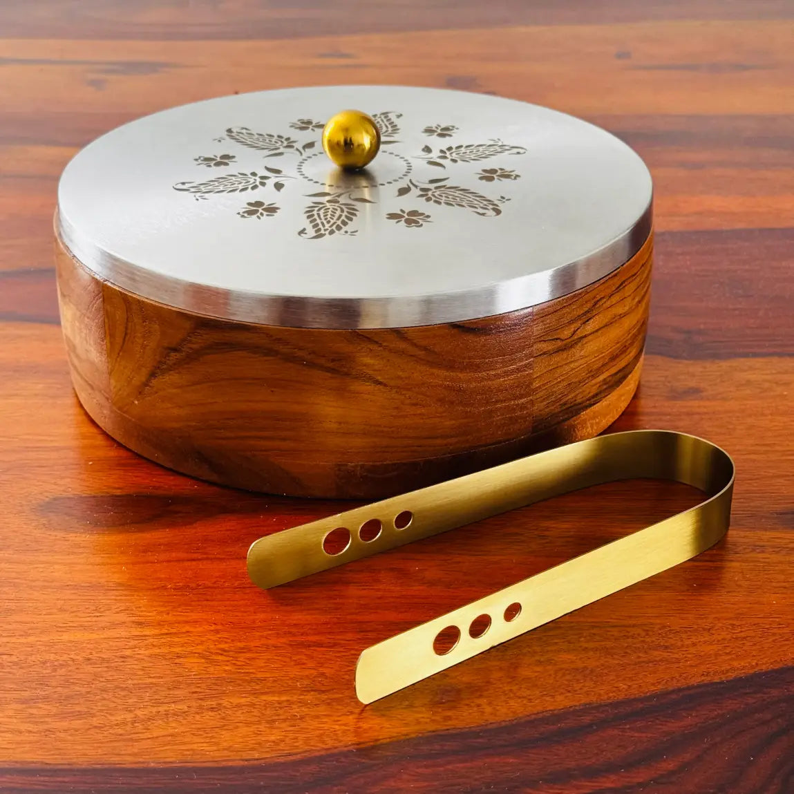 Teak Wood Roti Box with Stainless Steel Floral Design Lid & Tong