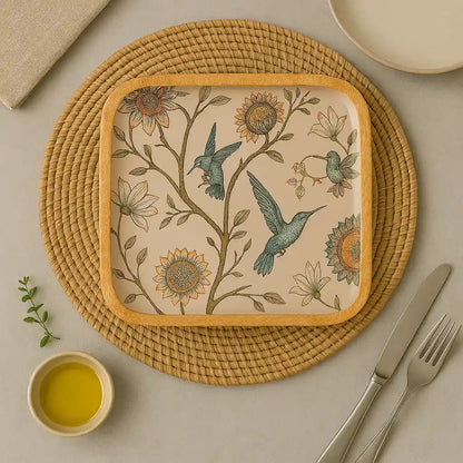 Attractive Birds & Flowers Print Wooden Serveware