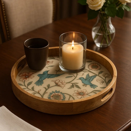 Attractive Birds & Flowers Print Wooden Serveware