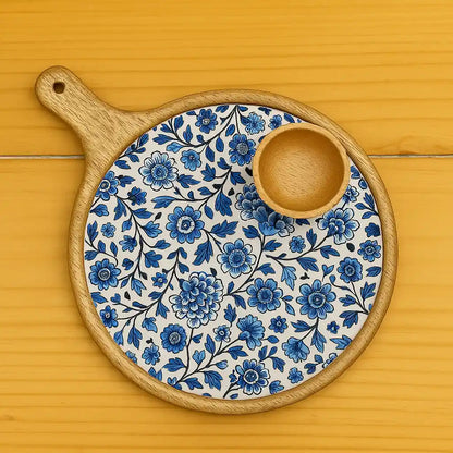 Elegant Blue Blossom Print Wooden Serveware
