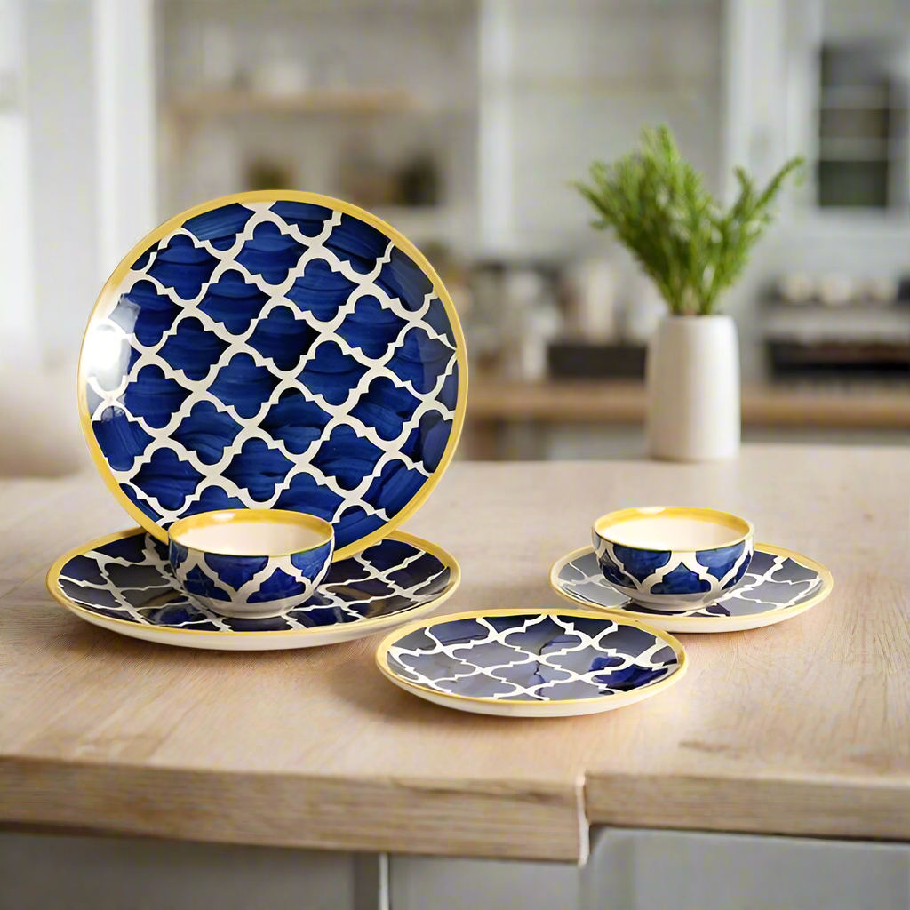 Premium Moroccan Hand Painted Dinner Set : 2 Dinner Plates, 2 Snacks Plates and 2 Bowls