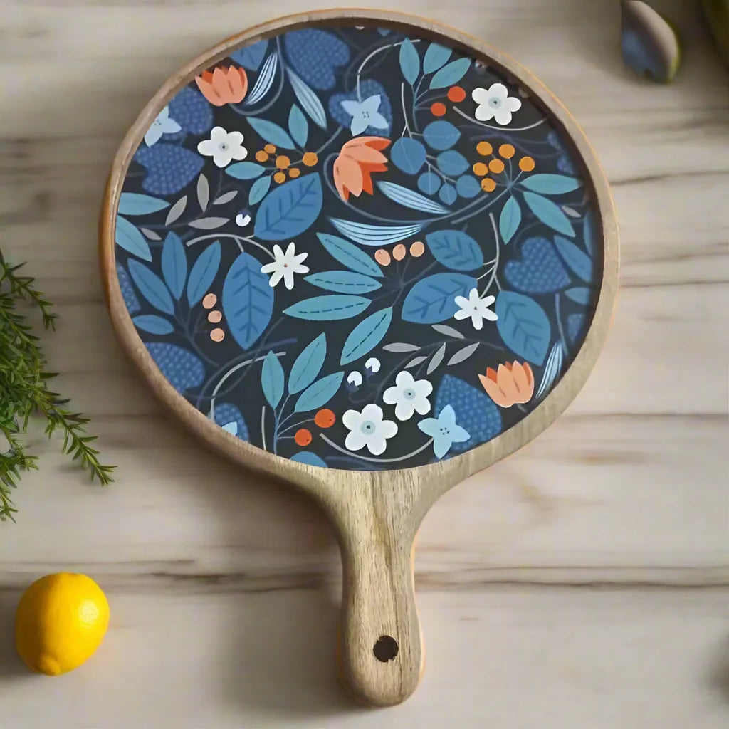 Blue Moonlit Floral Print Wooden Serveware