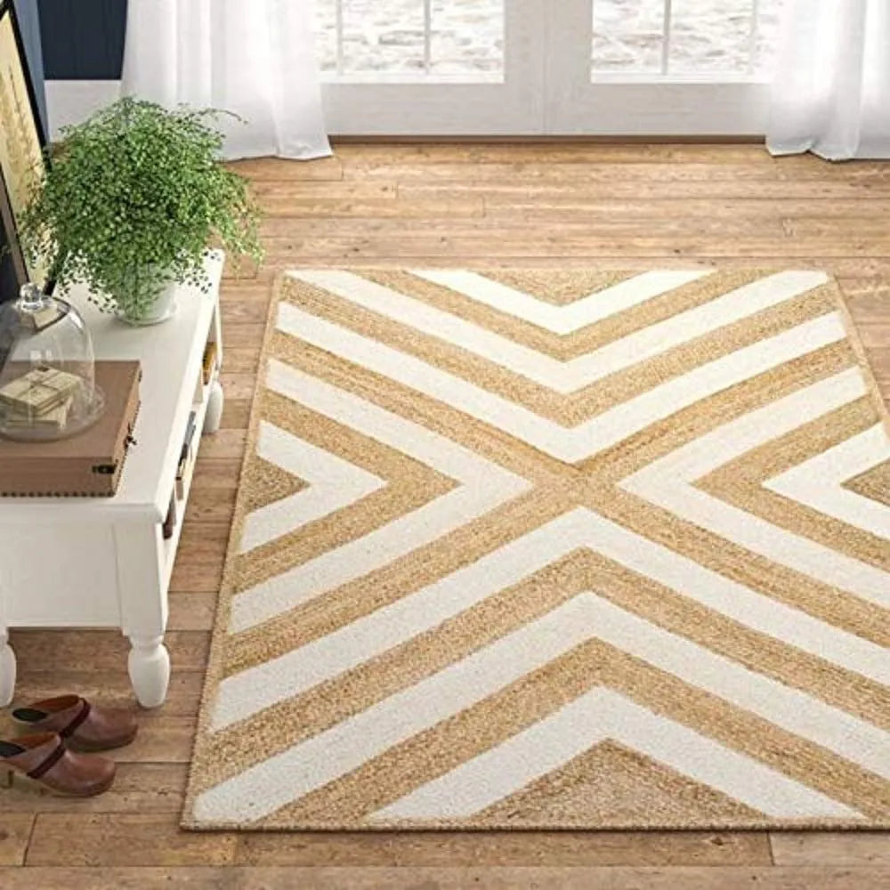Eco-Friendly Jute Area Rug  - White Geometric Weave