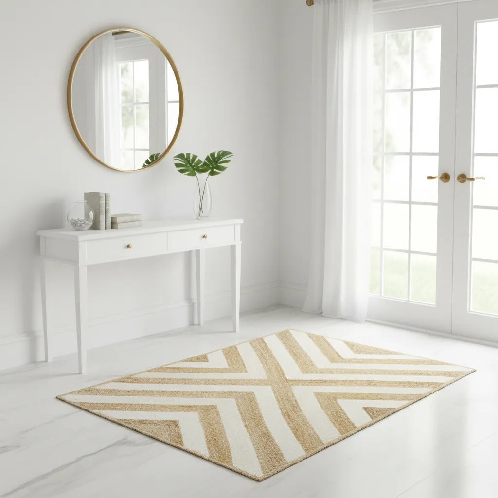 Eco-Friendly Jute Area Rug  - White Geometric Weave
