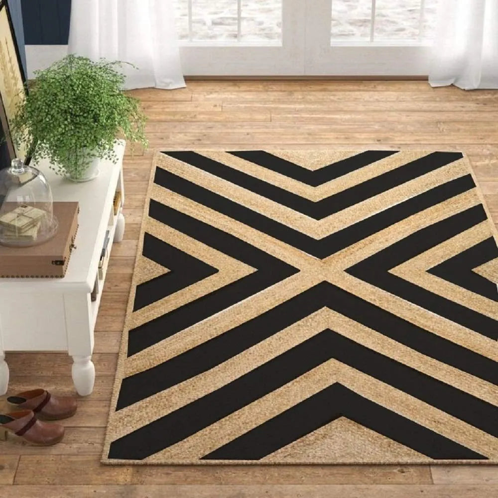 Eco-Friendly Jute Area Rug  - Black Geometric Weave