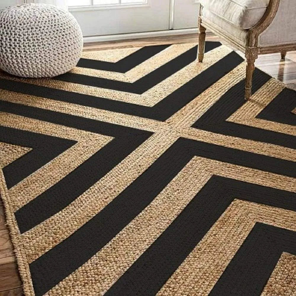Eco-Friendly Jute Area Rug  - Black Geometric Weave