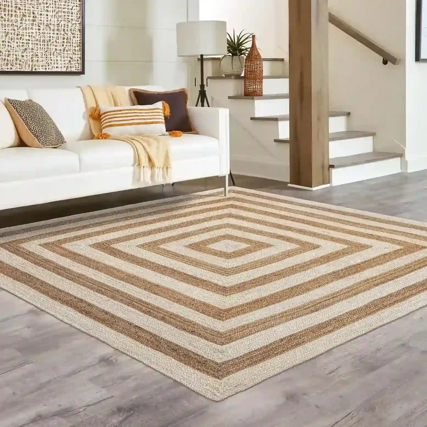 Natural Jute Braided Premium Rug - Beige and White