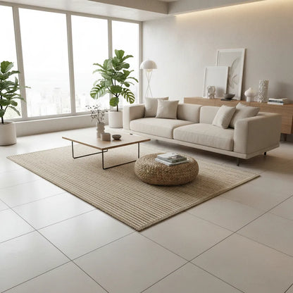 Classic Hand-Woven Natural Jute Rug with White Cotton Accents-Premium Home Decor