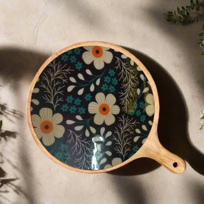 Elegant Midnight Daisy Floral Print Wooden Serveware