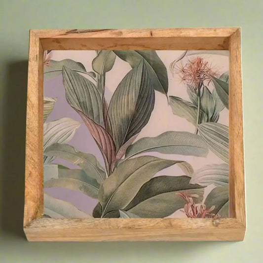 Elegant Green Leaves & Pink Flowers Print Wooden Serveware