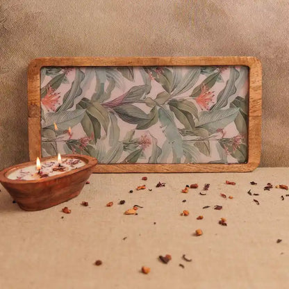 Elegant Green Leaves & Pink Flowers Print Wooden Serveware