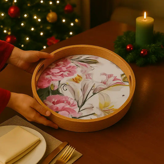 Lovely Pink & White Floral Print Wooden Serveware