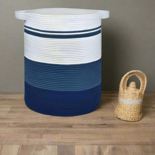 White, Blue Cotton Laundry Basket & Storage Organiser with Handles - Medium, Large