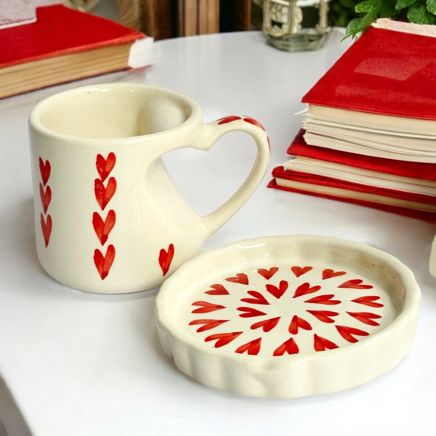 Lovely Red Hearts Ceramic Cup & Saucer - 200 ml