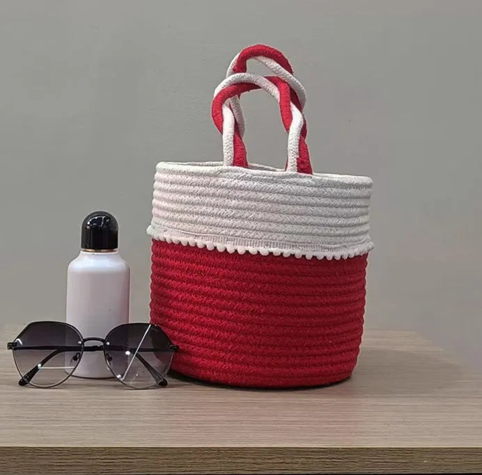 Red & White Woven Cotton Beach Tote Bag