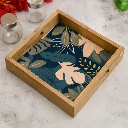 Elegant Wooden Navy Tropical Leaf Pattern Serveware