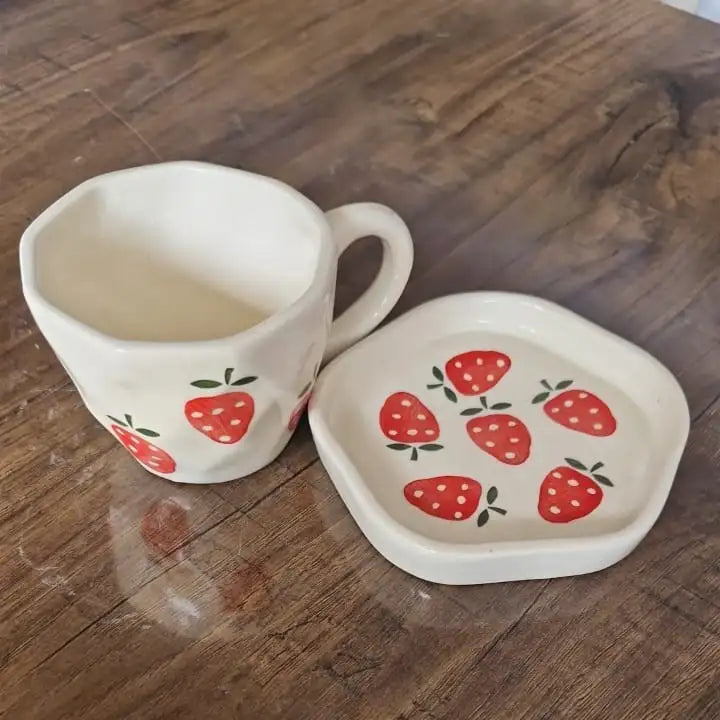 Strawberry Print Ceramic Cup & Saucer - 200 ml
