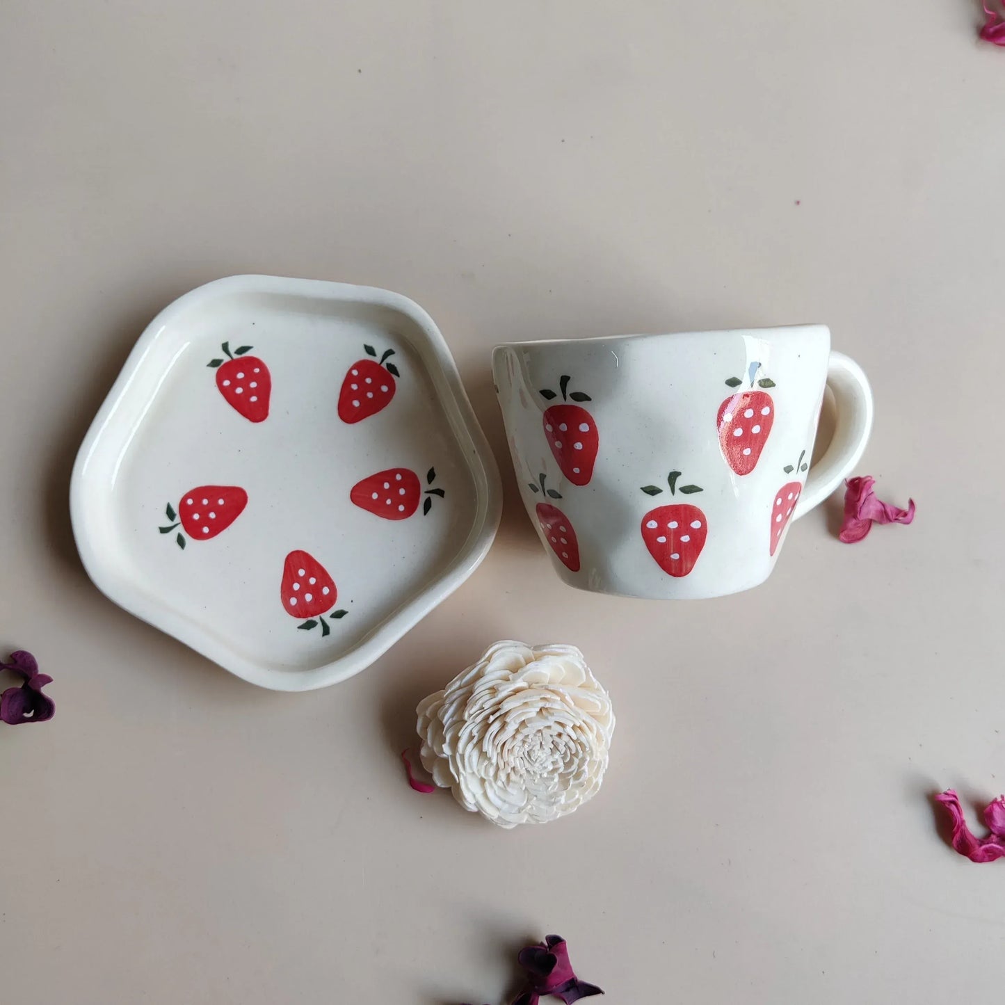 Strawberry Print Ceramic Cup & Saucer - 200 ml