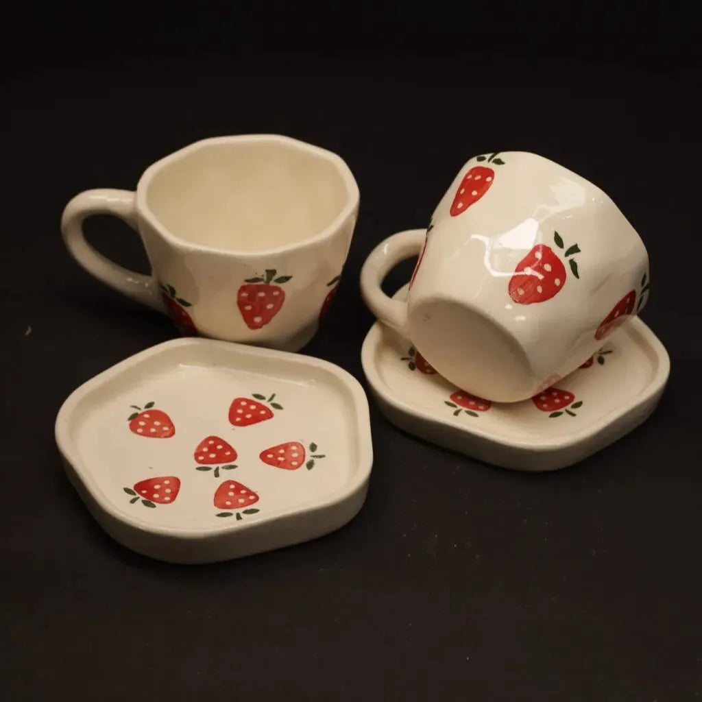 Strawberry Print Ceramic Cup & Saucer - 200 ml
