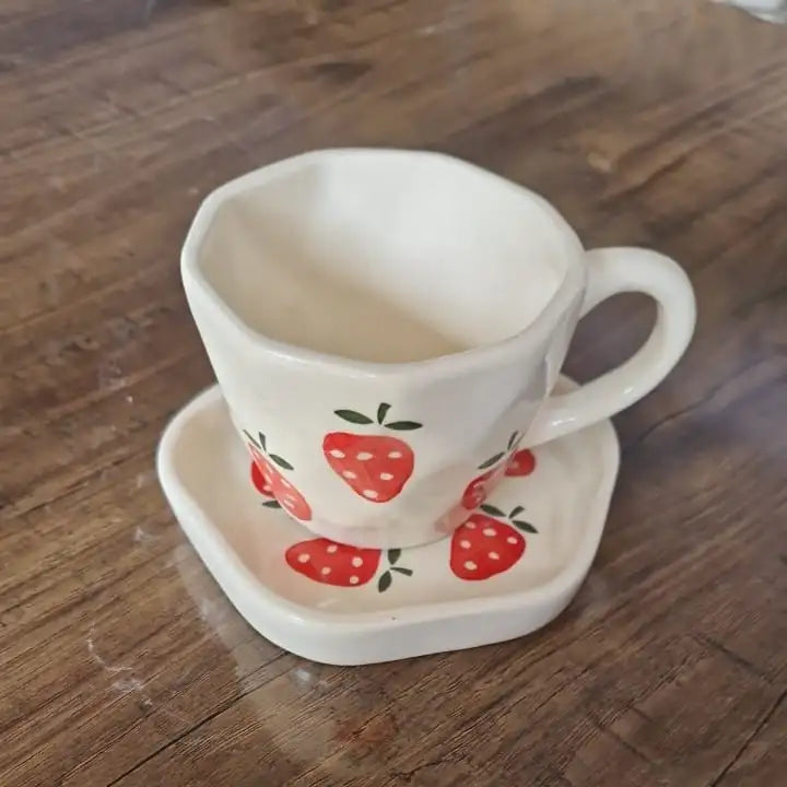 Strawberry Print Ceramic Cup & Saucer - 200 ml