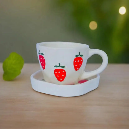 Strawberry Print Ceramic Cup & Saucer - 200 ml
