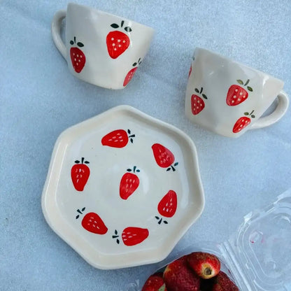 Strawberry Print Ceramic Cup & Saucer - 200 ml