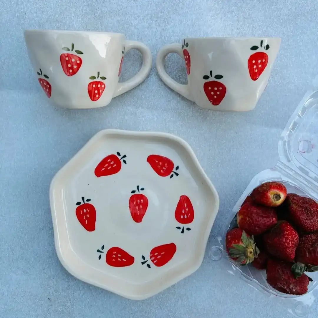 Strawberry Print Ceramic Cup & Saucer - 200 ml