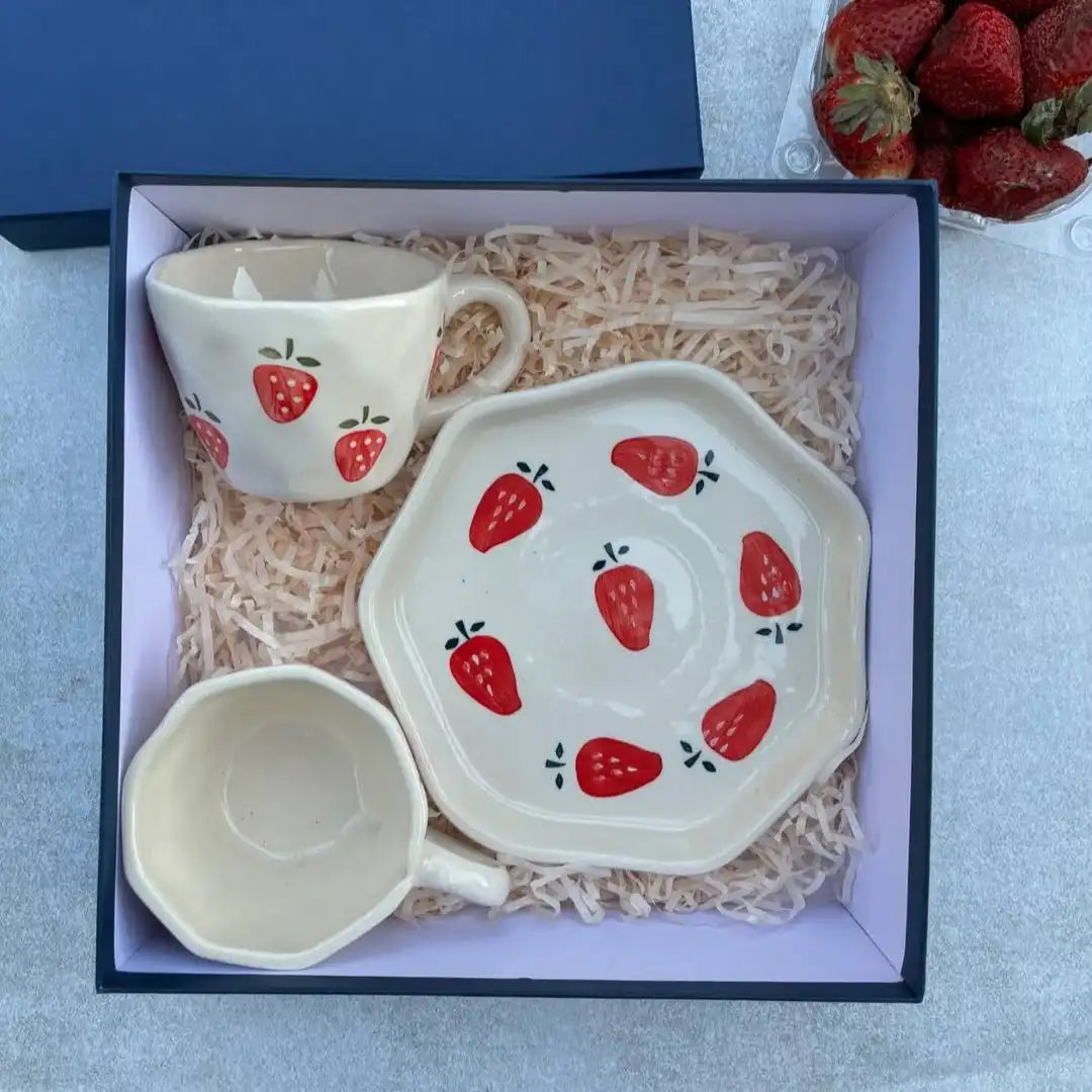 Strawberry Print Ceramic Cup & Saucer - 200 ml