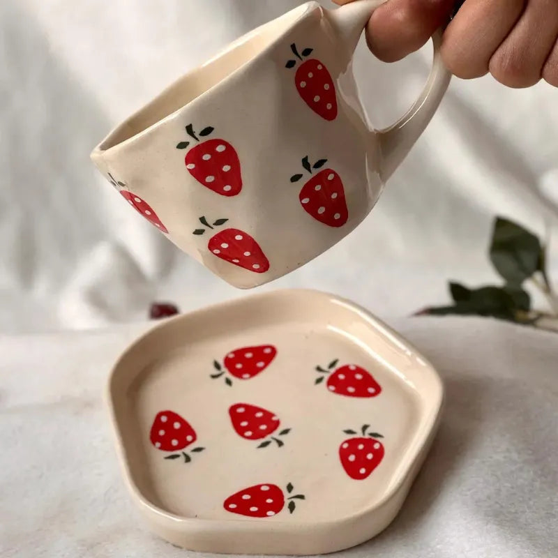 Strawberry Print Ceramic Cup & Saucer - 200 ml