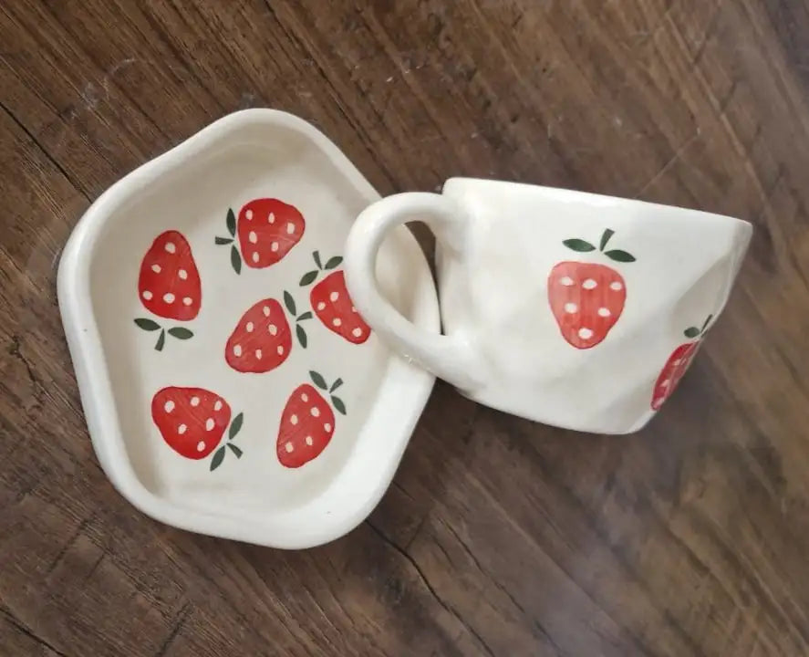 Strawberry Print Ceramic Cup & Saucer - 200 ml