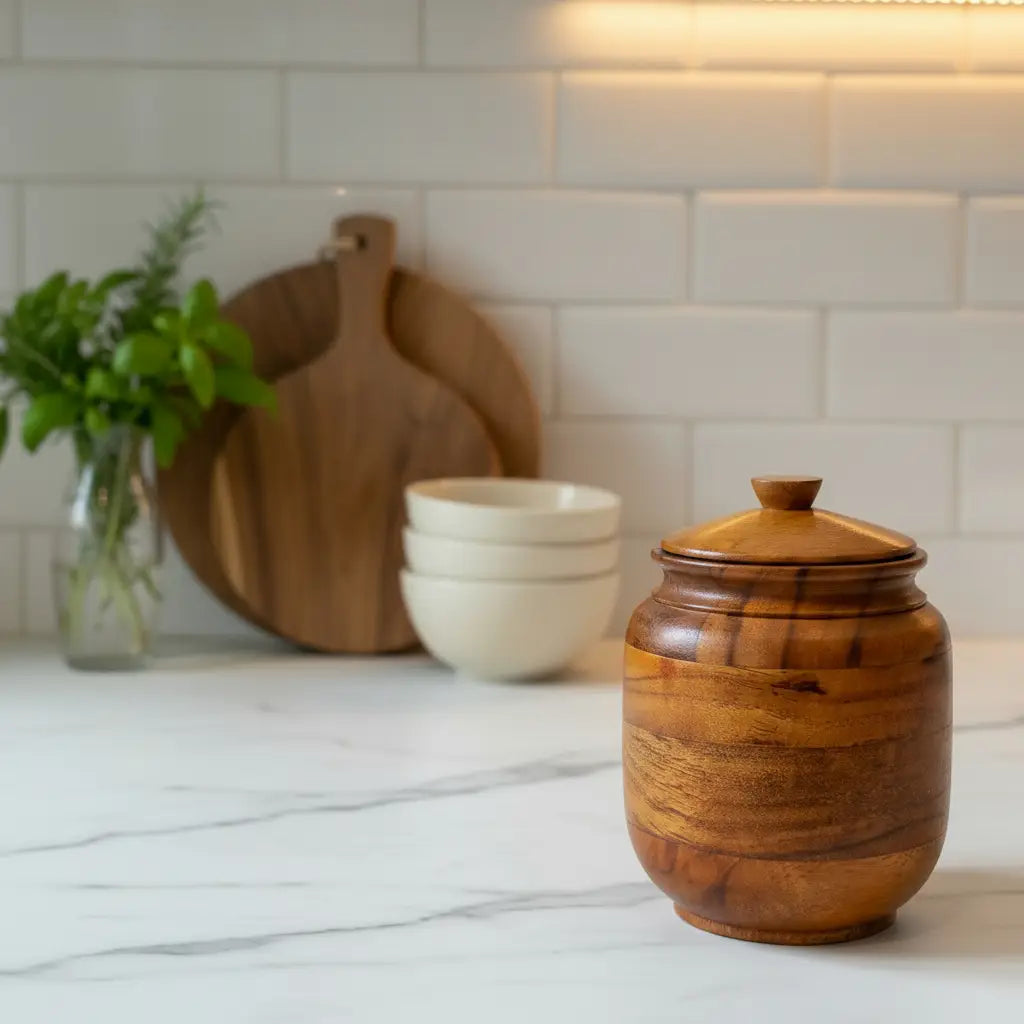 Handcrafted Sheesham Wood Storage Jar with Lid