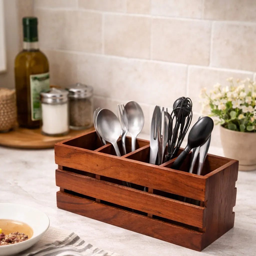 Handcrafted Sheesham Wood Cutlery Holder Organizer