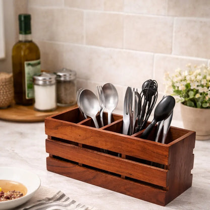 Handcrafted Sheesham Wood Cutlery Holder Organizer