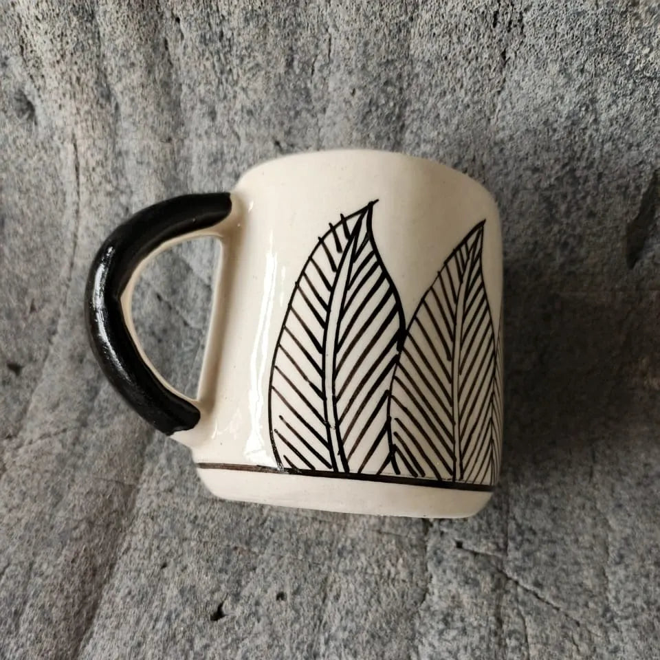 White & Black Leafy Ceramic Mug