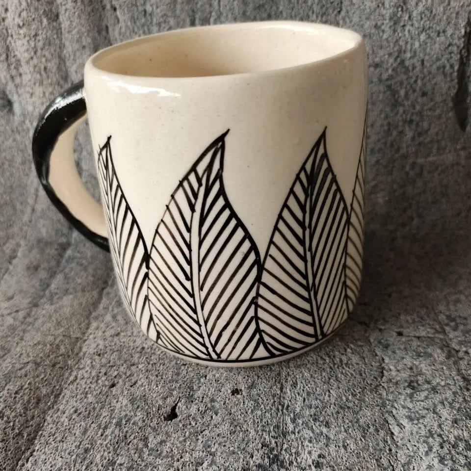 White & Black Leafy Ceramic Mug