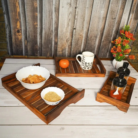 Sheesham Wood Serving Trays with Handles - Set of 3 - Small, Medium, Large